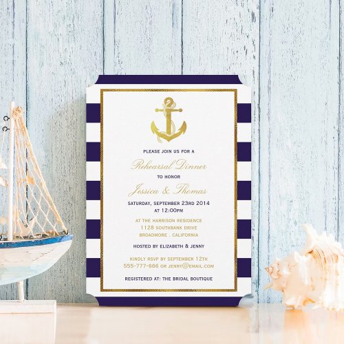 Nautical Gold Anchor Navy Stripe Rehearsal Dinner Invitation