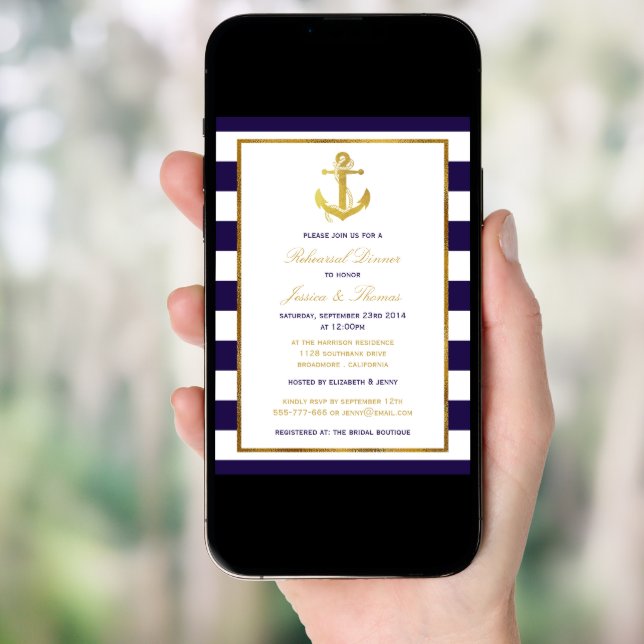 Nautical Gold Anchor Navy Stripe Rehearsal Dinner Invitation (Front Digital)