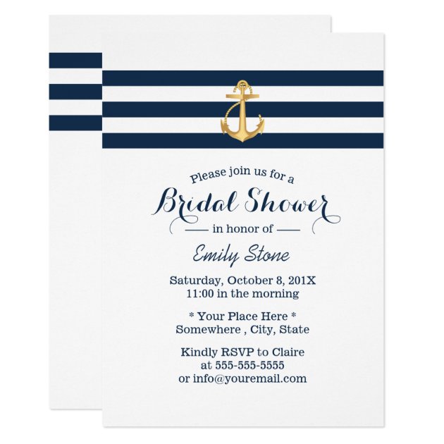 Nautical Gold Anchor Navy Stripes Bridal Shower Invitation