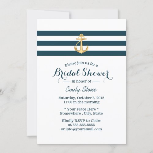 Nautical Gold Anchor Navy Stripes Bridal Shower Invitation