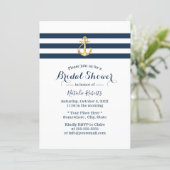 Nautical Gold Anchor Navy Stripes Bridal Shower Invitation (Standing Front)