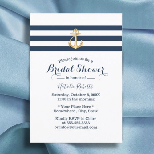 Nautical Gold Anchor Navy Stripes Bridal Shower Invitation