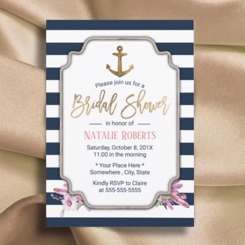 Nautical Gold Anchor Navy Stripes Bridal Shower Invitation