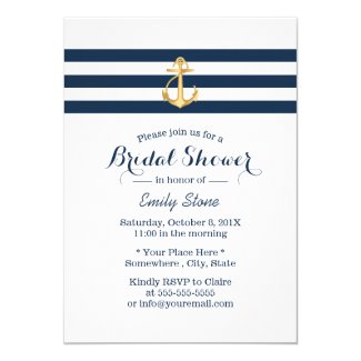 Nautical Gold Anchor Navy Stripes Bridal Shower Invitation