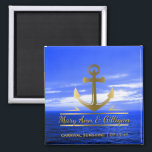 Nautical Gold Anchor Ocean Cruise Wedding Favor Magnet<br><div class="desc">Custom, nautical anchor wedding favor magnet- Faux metallic gold anchor logo is centered with personalized names of couple in gold color script lettering with a drop shadow. At the bottom is the name of the cruise ship and date. On a beautiful landscape photo background of a deep blue ocean with...</div>