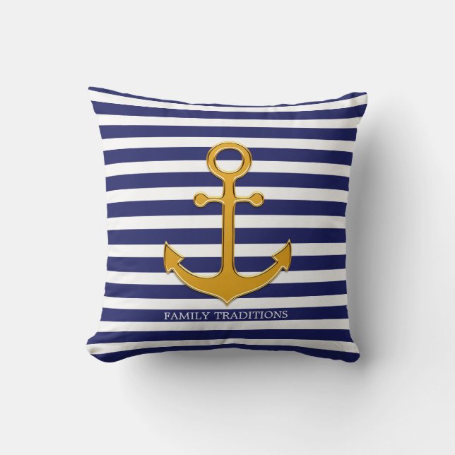 Nautical Gold Anchor on Blue & White Striped Throw Pillow (Front)