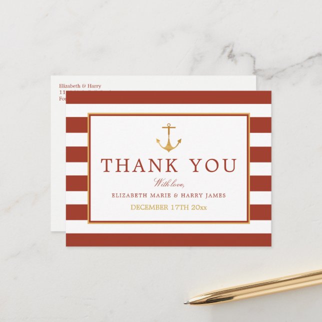 Nautical Gold Anchor, Red Brick & Gold Thank You Postcard (Front/Back In Situ)