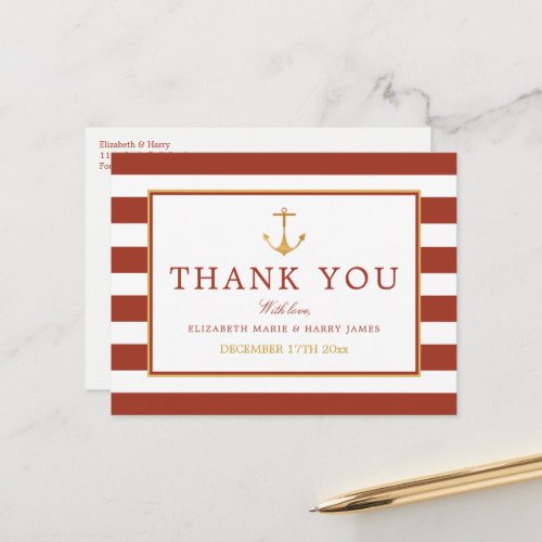 Nautical Gold Anchor Red Brick  Gold Thank You Postcard