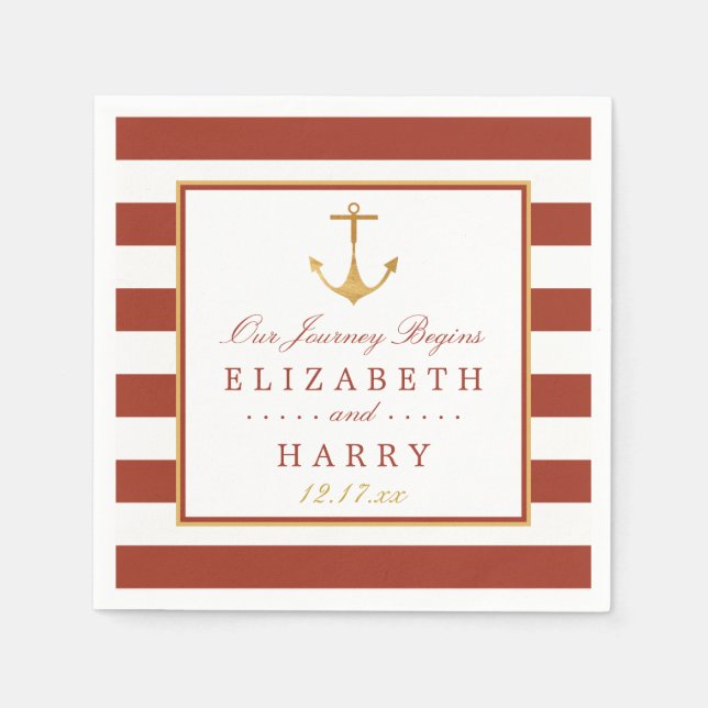 Nautical Gold Anchor, Red Brick & Gold Wedding Napkins (Front)