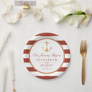 Nautical Gold Anchor, Red Brick & Gold Wedding Paper Plates