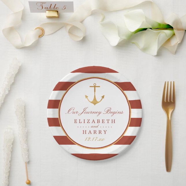 Nautical Gold Anchor, Red Brick & Gold Wedding Paper Plates (Wedding)