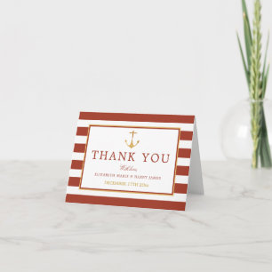 Nautical Gold Anchor, Red Brick & Gold Wedding Thank You Card