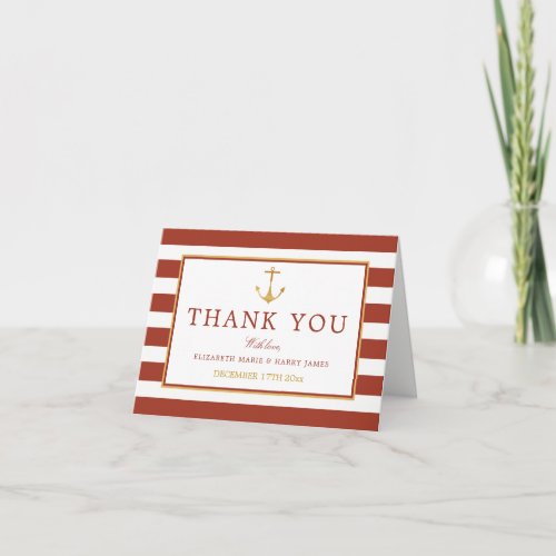 Nautical Gold Anchor Red Brick  Gold Wedding Thank You Card