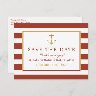 Nautical Gold Anchor, Red Brick Save The Date Announcement Postcard