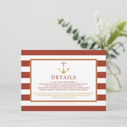 Nautical Gold Anchor Red Brick Wedding Detail Enclosure Card