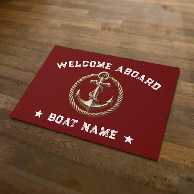 Nautical Gold Anchor Red Welcome Aboard Boat Doormat (Creator Uploaded)