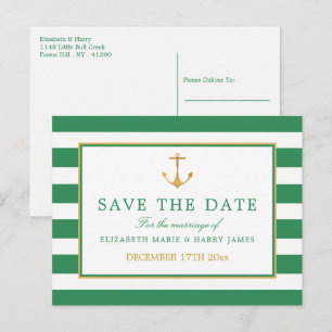 Nautical Gold Anchor, Sea Green Gold Save The Date Announcement Postcard