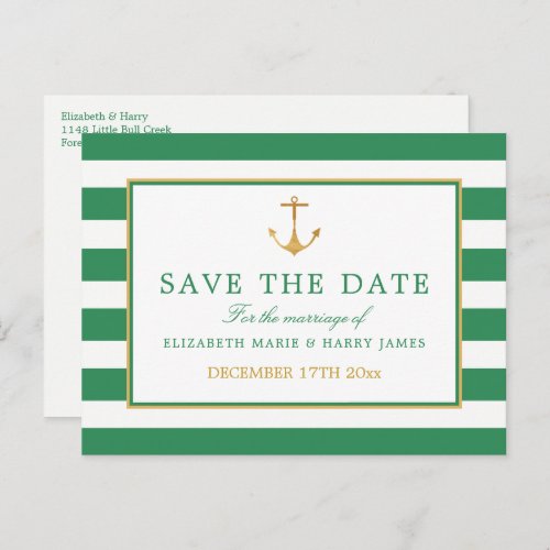 Nautical Gold Anchor Sea Green Gold Save The Date Announcement Postcard