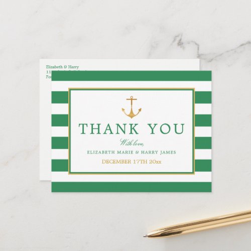 Nautical Gold Anchor Sea Green  Gold Thank You Postcard