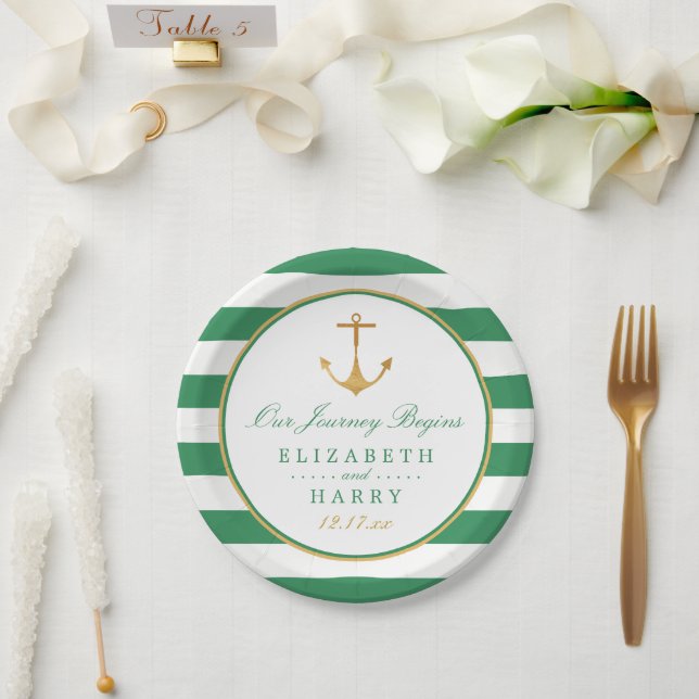 Nautical Gold Anchor, Sea Green & Gold Wedding Paper Plates (Wedding)