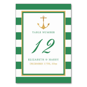 Nautical Gold Anchor, Sea Green & Gold Wedding Table Number