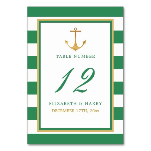 Nautical Gold Anchor Sea Green  Gold Wedding Table Number