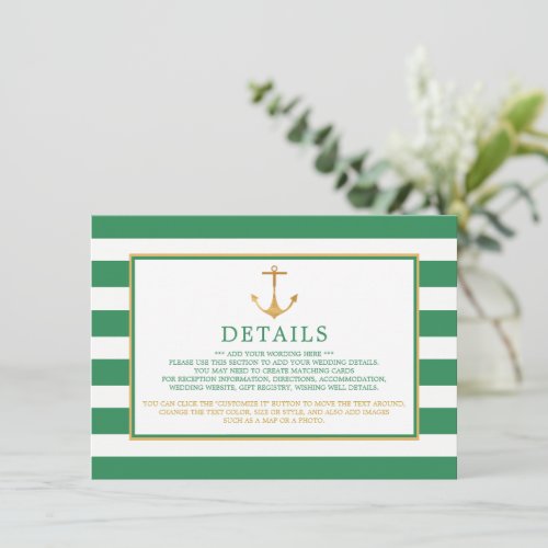 Nautical Gold Anchor Sea Green Wedding Detail Enclosure Card