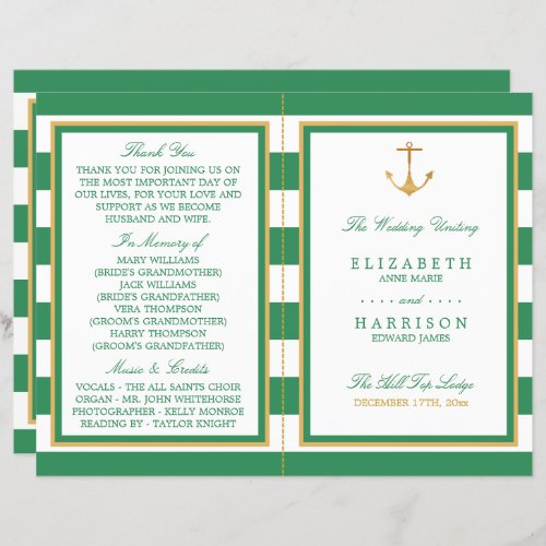 Nautical Gold Anchor Sea Green Wedding Programme
