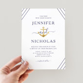 Nautical Gold Anchor Stripes White Wedding  Invitation