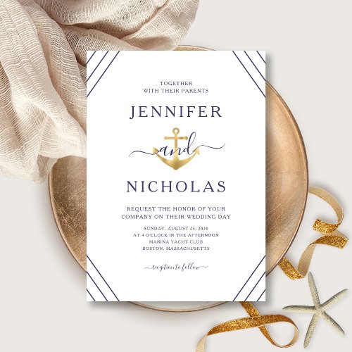 Nautical Gold Anchor Stripes White Wedding  Invitation