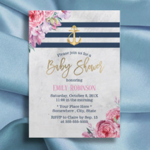Nautical Gold Anchor Vintage Floral Baby Shower Invitation