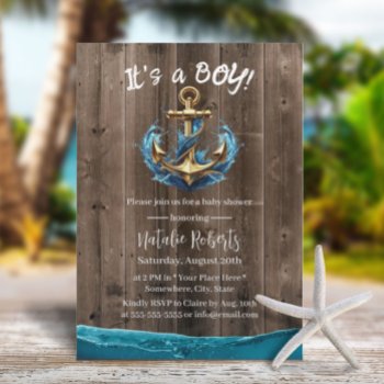 Nautical Gold Anchor Vintage Wood Boy Baby Shower Invitation by myinvitation at Zazzle
