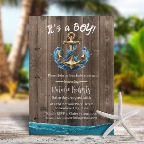 Nautical Gold Anchor Vintage Wood Boy Baby Shower Invitation