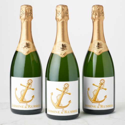 Nautical Gold Anchor Wedding Engagement Beach Sparkling Wine Label