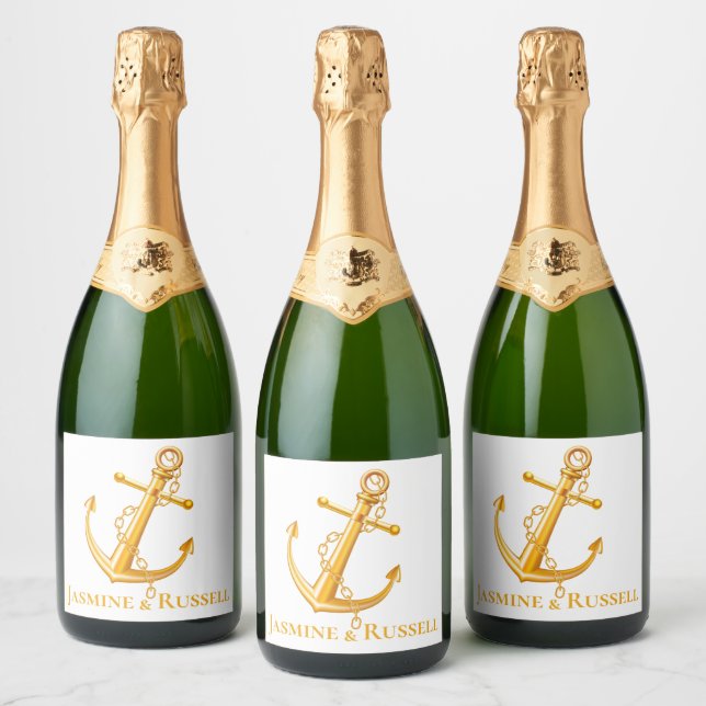 Nautical Gold Anchor Wedding Engagement Beach Sparkling Wine Label (Bottles)