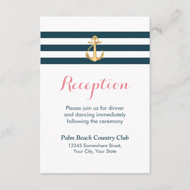 Nautical Gold Anchor Wedding Reception Enclosure Card (Front)