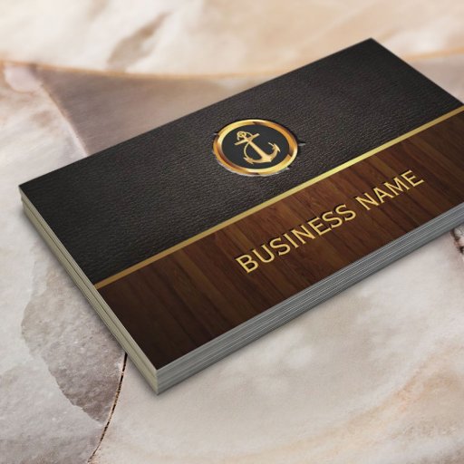 Customizable Gold Anchor Wood & Leather Business Card