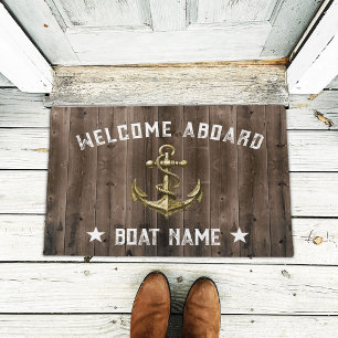 Nautical Gold Anchor Wood Welcome Aboard Boat Doormat
