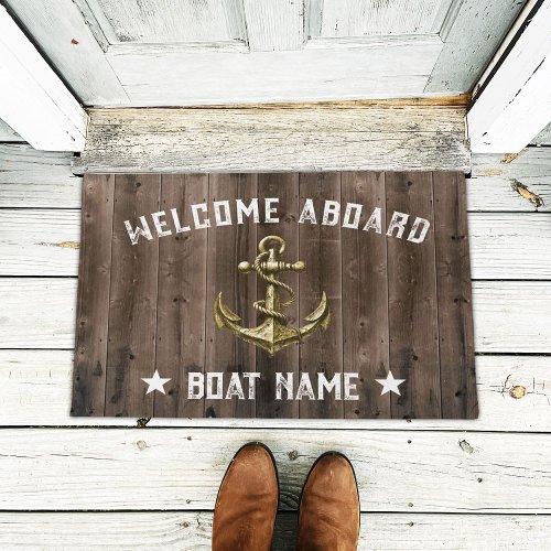Nautical Gold Anchor Wood Welcome Aboard Boat Doormat