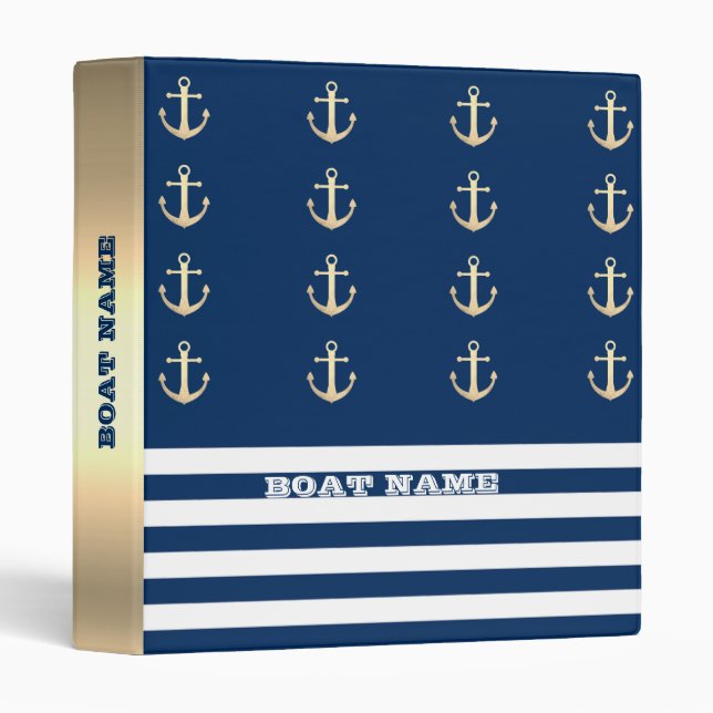Nautical, Gold Anchors Navy Blue Striped  3 Ring Binder (Front/Spine)