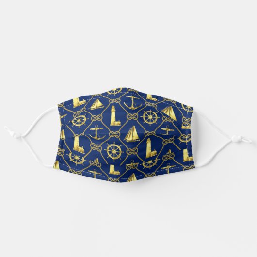 Nautical Gold and Navy Blue Adult Cloth Face Mask (Front, Unfolded)