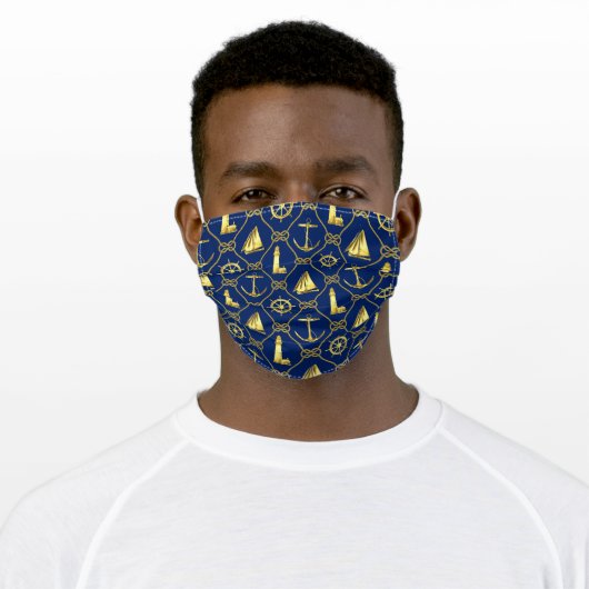 Nautical Gold and Navy Blue Adult Cloth Face Mask (Worn)