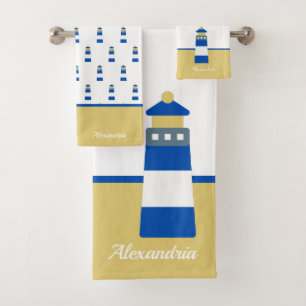 Nautical Gold and navy blue Lighthouse Bath Towel