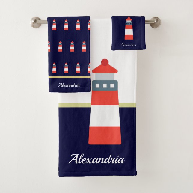 Nautical Gold and navy blue Lighthouse Bath Towel  (Insitu)