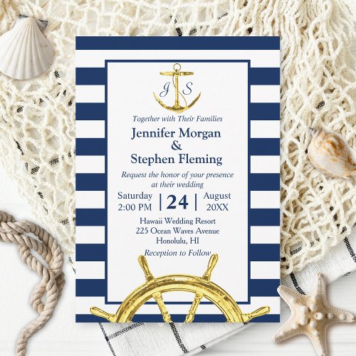 Nautical Gold and Navy Blue Stripes Wedding Invitation