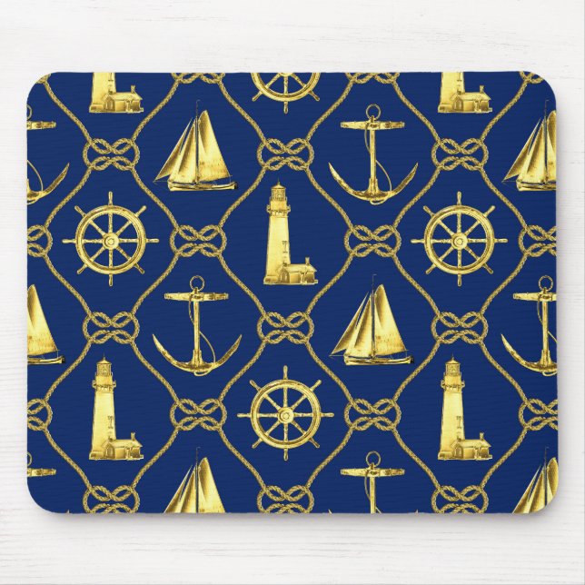 Nautical Gold Blue Lighthouse Sailboat Desk Mouse Pad (Front)