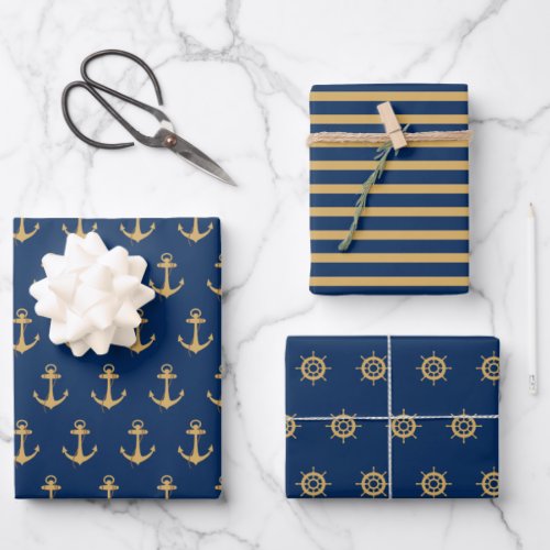 Nautical Gold Blue Navy  Anchor Stripes Boat Wheel Wrapping Paper Sheets