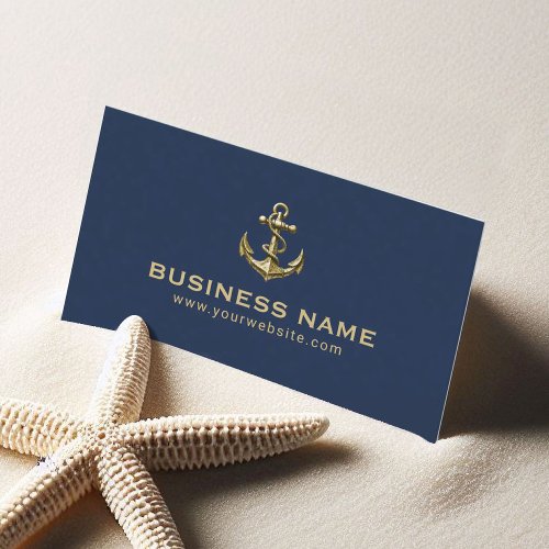 Nautical Gold Boat Anchor Plain Navy Blue Business Card