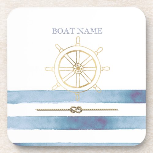 Nautical Gold Boat WheelBlue Watercolor Stripes   Beverage Coaster