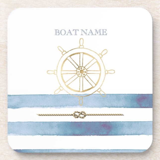 Nautical Gold Boat Wheel,Blue Watercolor Stripes   Beverage Coaster (Front)